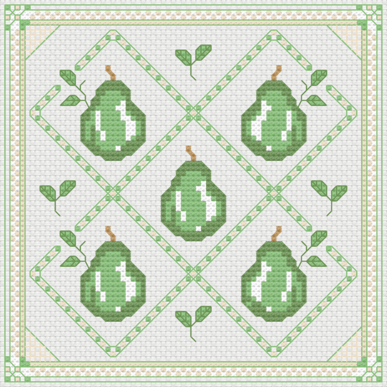 Free cross stitch pattern with a motif of green pears.
A small embroidery that fits in a 15x15x cm frame.