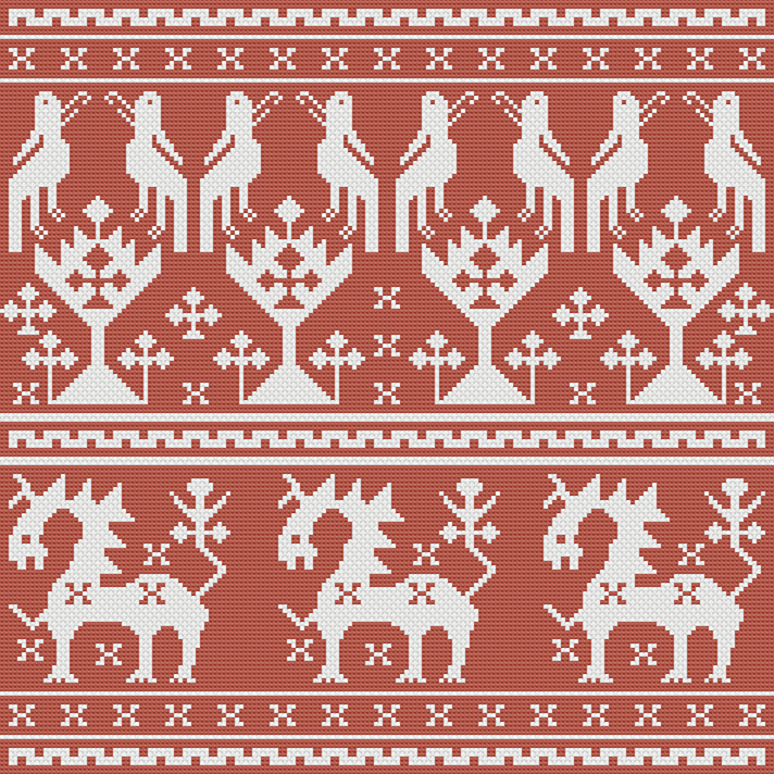 Cross stitch pattern with 16th-century fantasy creatures.