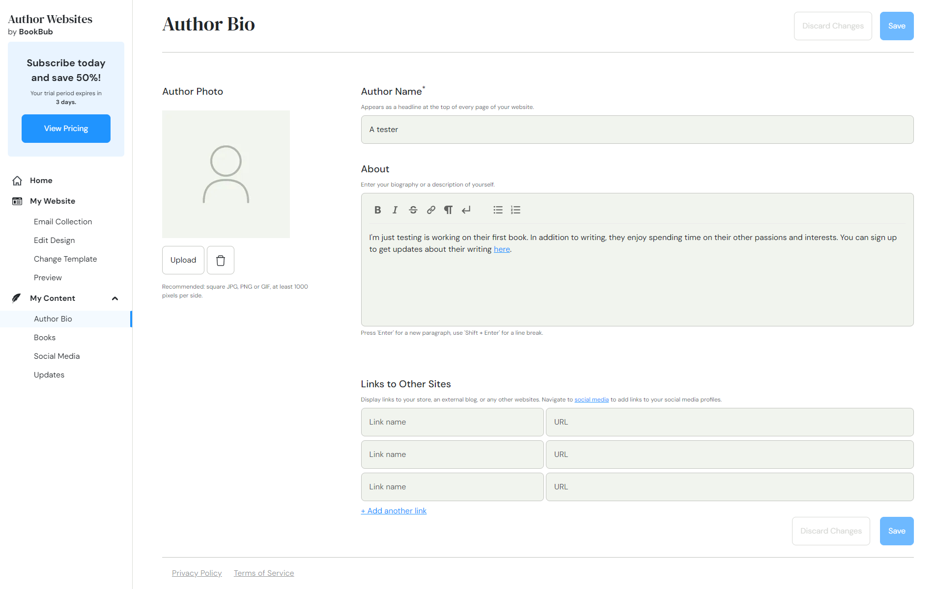 A form with fields for author name, about section, and links to other sites.
There is also an option for uploading an author photo.