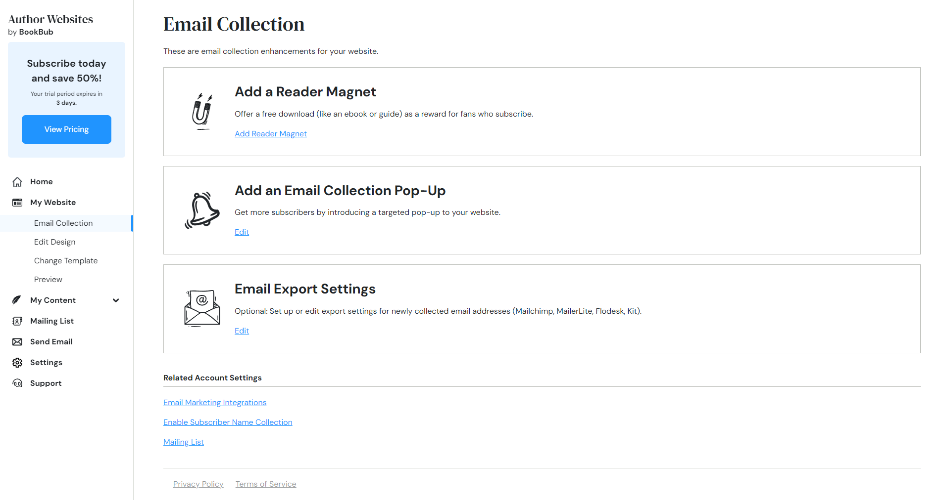 The BookBub Author Websites email collection page promotes using a reader magnet or popup.