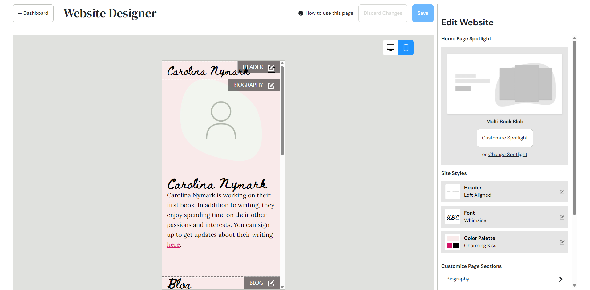 The BookBub Website Designer tool with the mobile preview enabled. The website is shown in a narrow window, with the main settings menu on the right side.