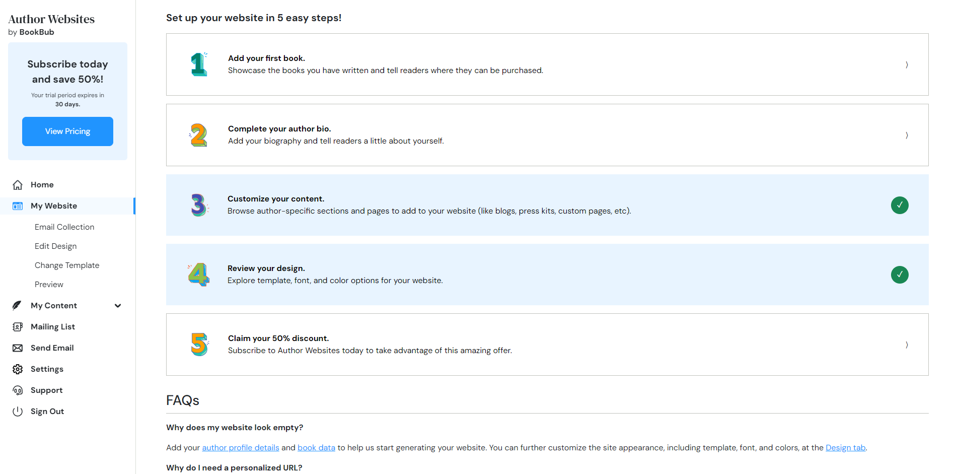 A screenshot of BookBub's five step guide to setting up your author website.