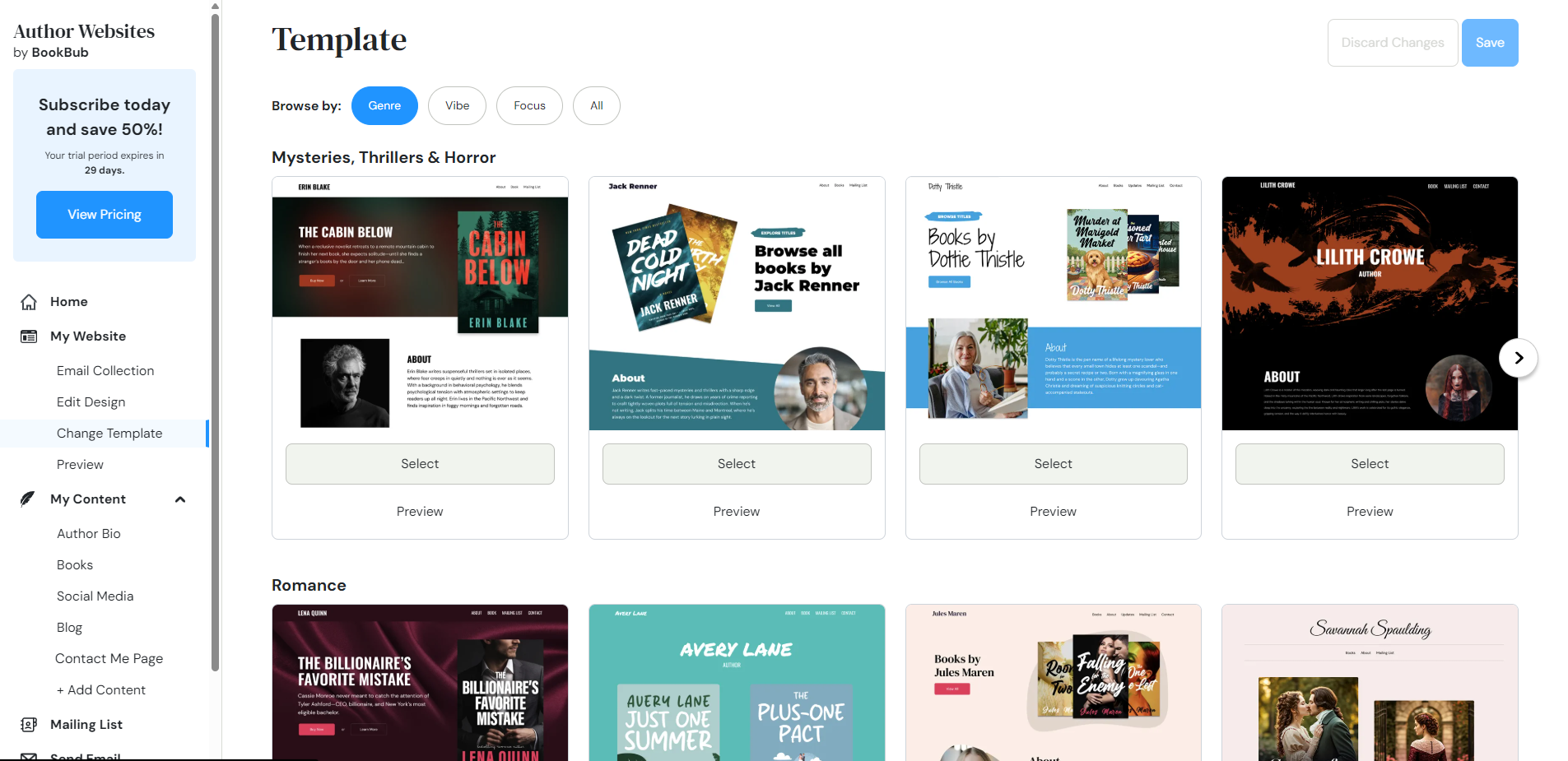 A selection of website templates offered by BookBub, sorted by genre. The mysteries, thrillers & horror genre is selected, showing mostly dark templates.